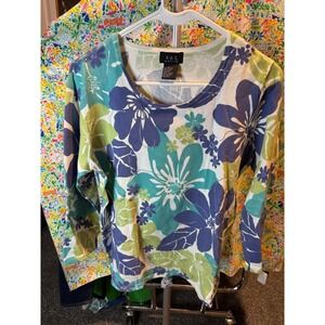 132 RQT Petite Blue Green Floral Metallic Knit Sweater Top Scoop Neck PL P5092BL